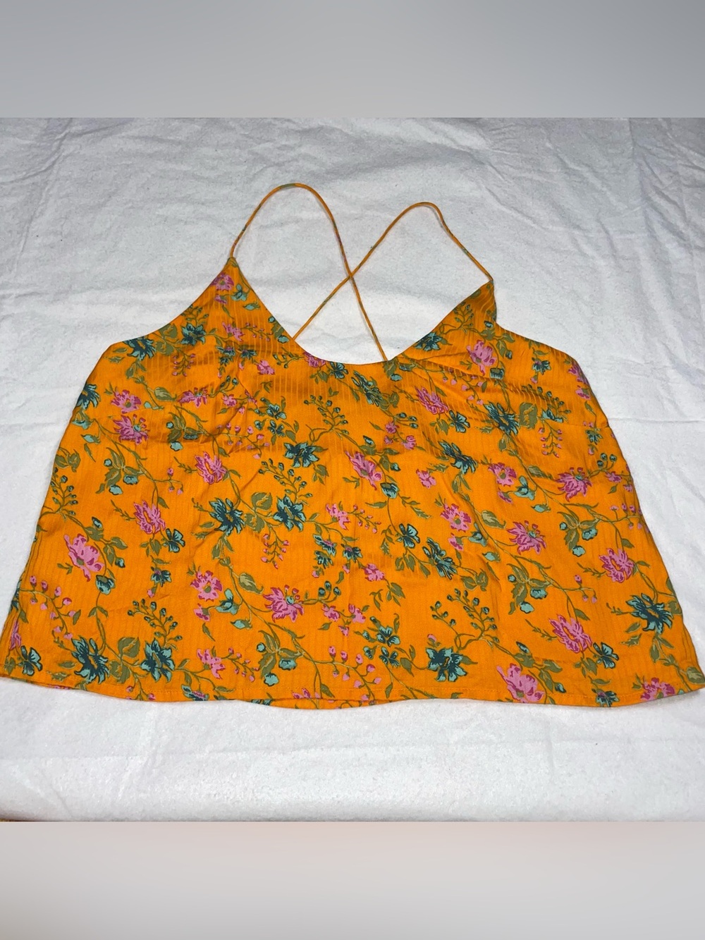 Anthropologie 6 Bright Orange Pink Blue Floral Bungee Criss Cross Strap Top